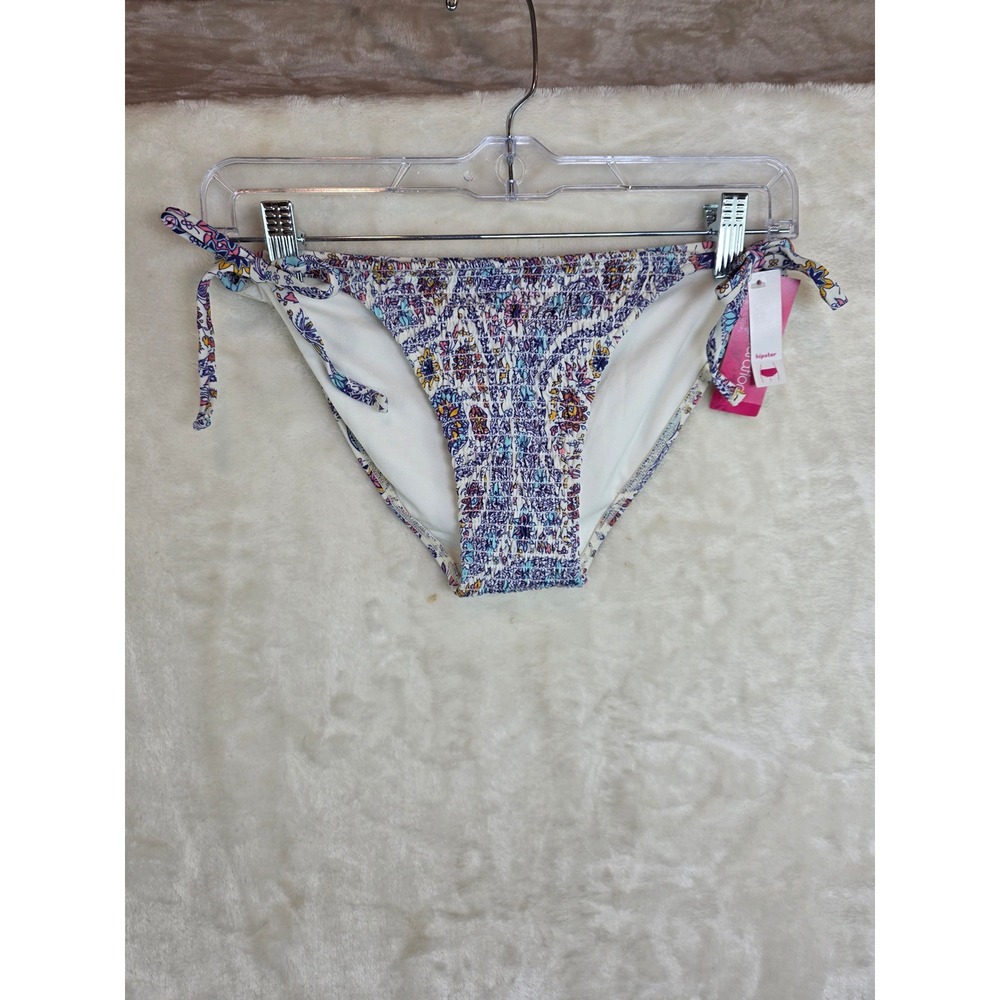 Xhilaration Womens Paisley Smocked Side Tie Hipster Bikini Bottom Purple Blue M‎
